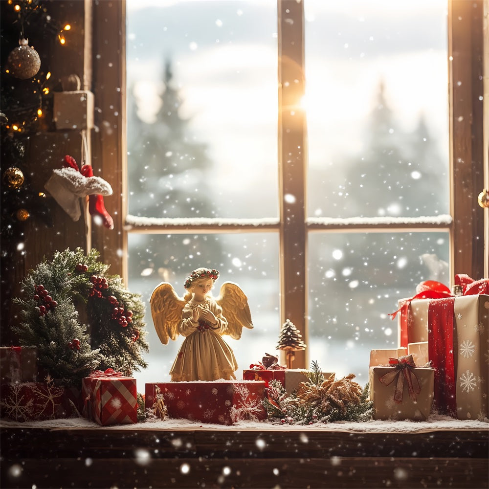 Sfondo Per Lo Sfondo Della Ghirlanda Di Fiocchi Di Neve Della Finestra Dell'Angelo Di Natale BRP11-203