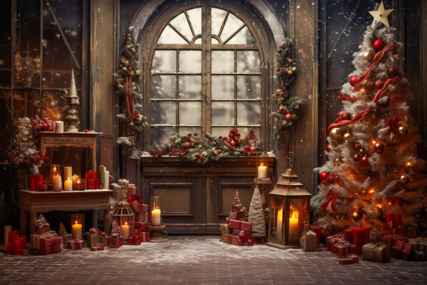 Sfondo Della Finestra Di Natale Ghirlanda Decorazione Dell'Albero Sfondo BRP11-210