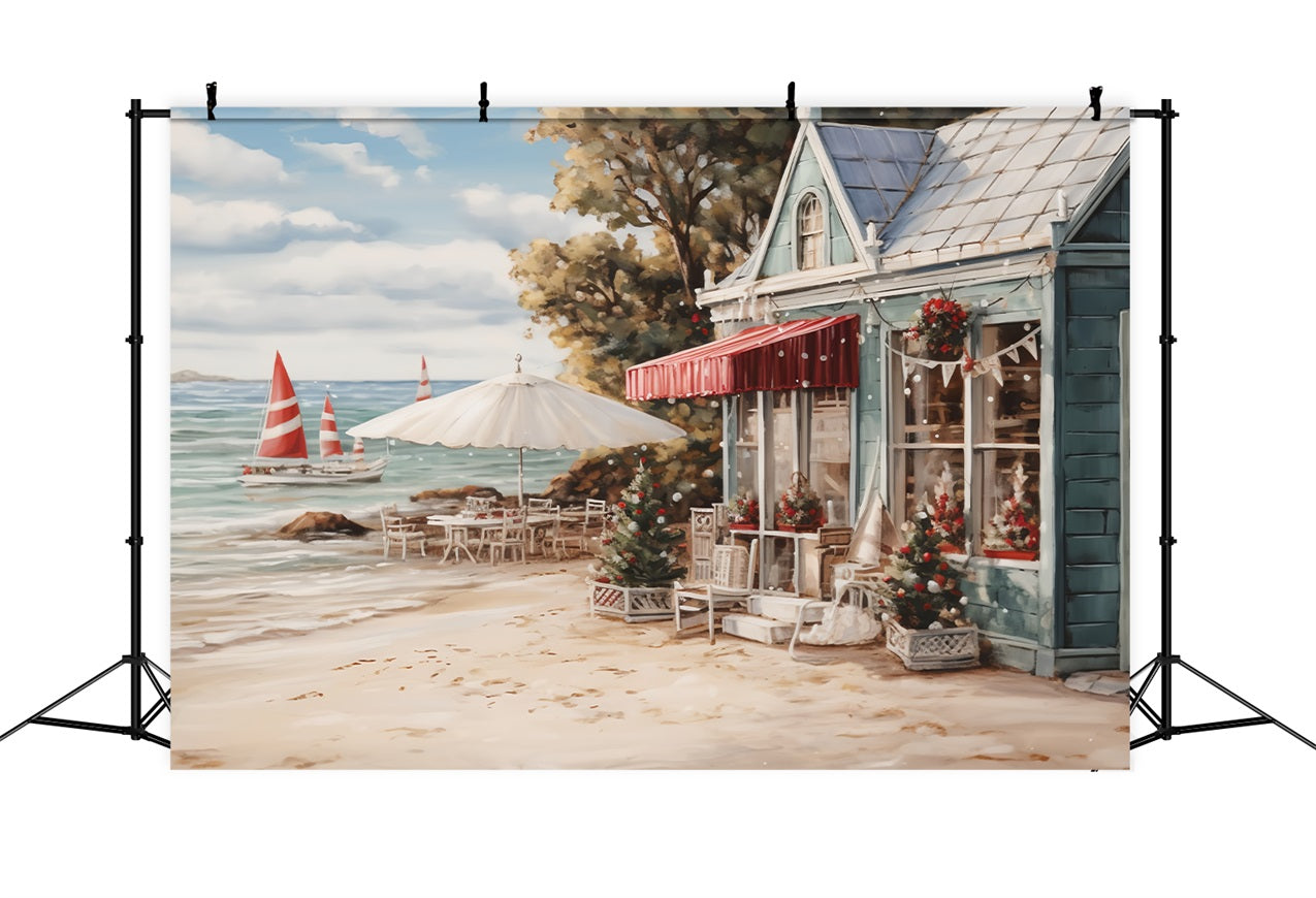 Sfondo Di Decorazioni Per Caffe Sullo Sfondo Della Spiaggia Di Natale BRP11-232