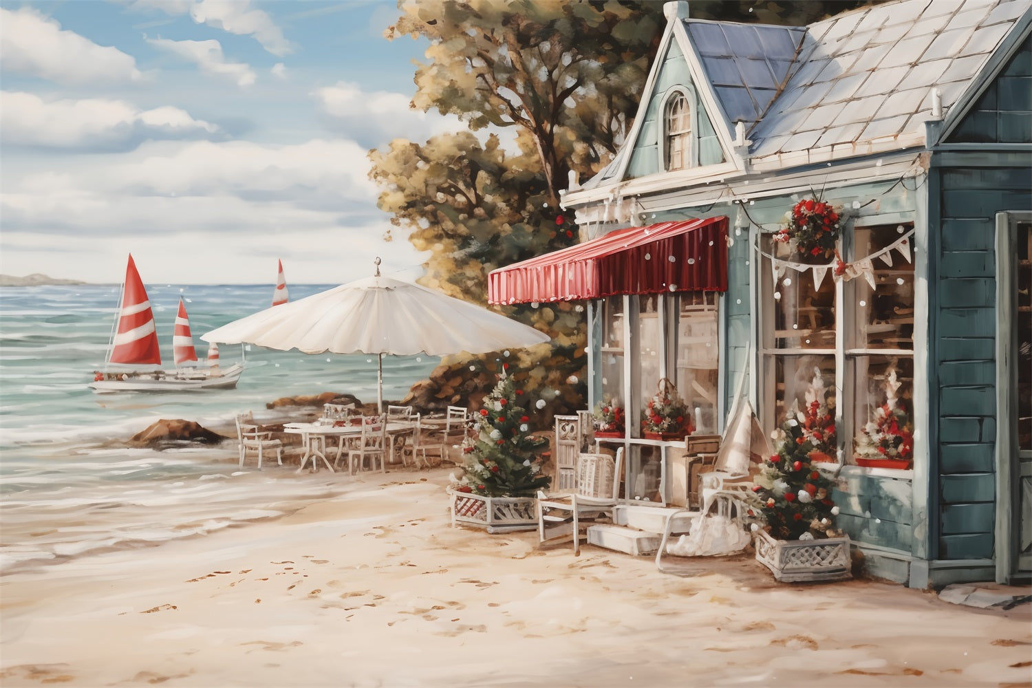 Sfondo Di Decorazioni Per Caffe Sullo Sfondo Della Spiaggia Di Natale BRP11-232