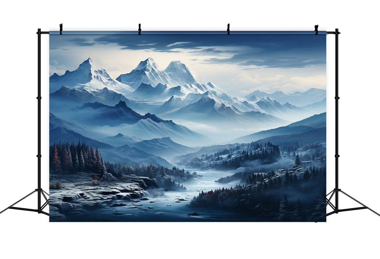 Fondali Fotografici Invernali Sfondo Innevato Del Fiume Di Montagna Blu BRP11-258