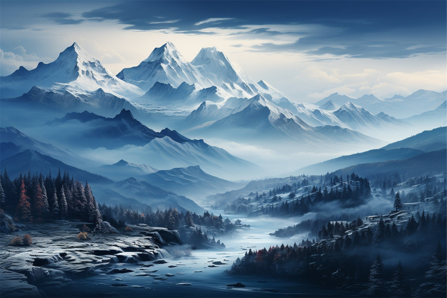 Fondali Fotografici Invernali Sfondo Innevato Del Fiume Di Montagna Blu BRP11-258