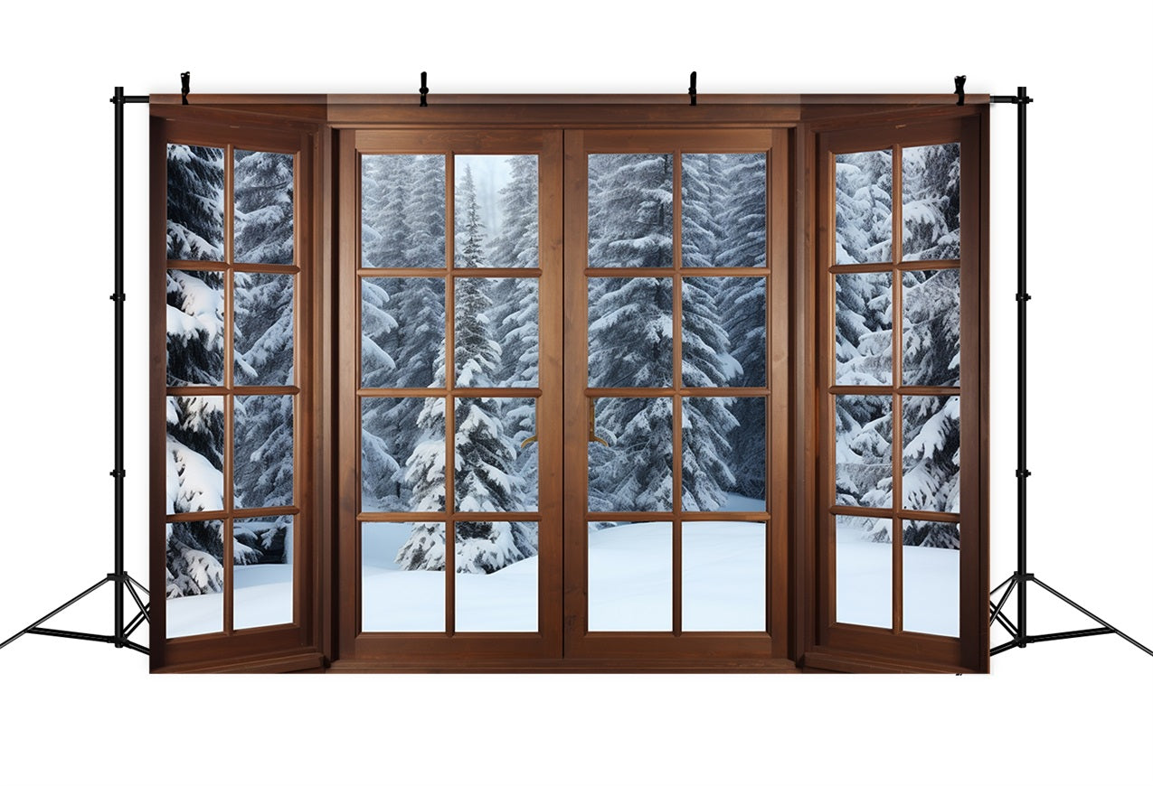 Idee Per Lo Sfondo Invernale Foresta Di Pini Innevati Attraverso Lo Sfondo Della Finestra BRP11-273