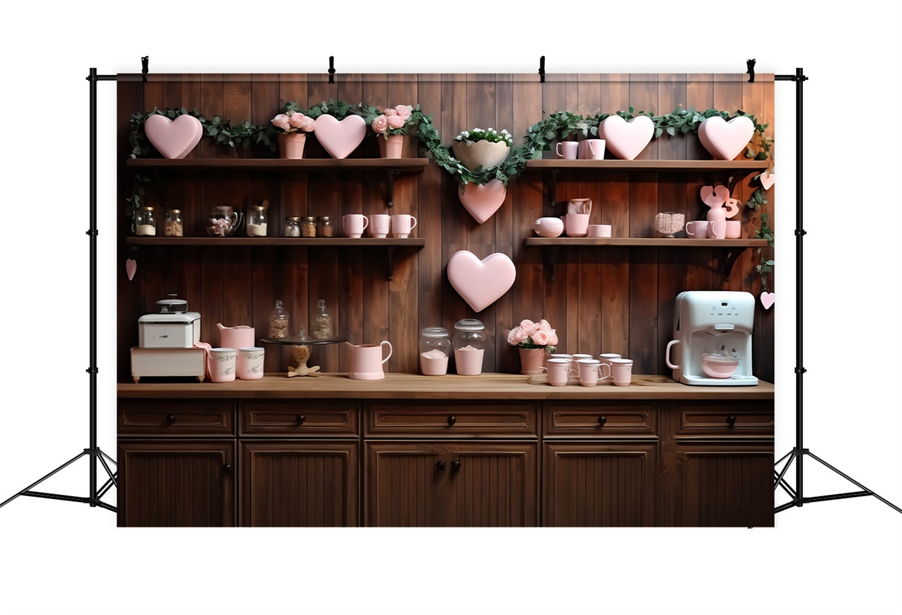 Fondali San Valentino Cucina In Legno A Tema Amore Sfondo Con Cuori Da Parete BRP11-285
