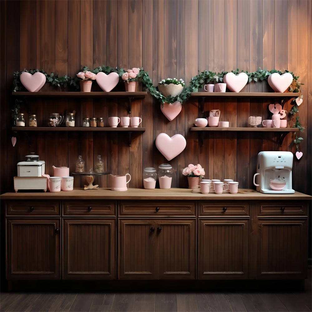 Fondali San Valentino Cucina In Legno A Tema Amore Sfondo Con Cuori Da Parete BRP11-285