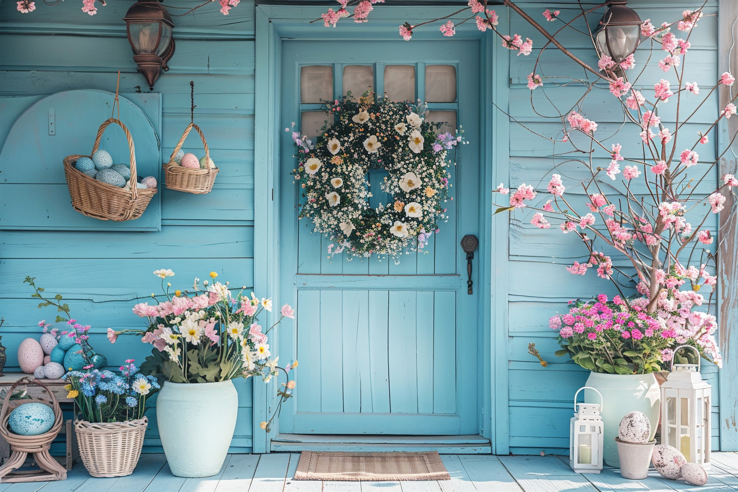 Idee Per Lo Sfondo Dell'Immagine Di Pasqua Sfondo Della Ghirlanda In Fiore Delle Uova BRP11-359