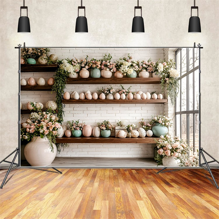 Idee Per Lo Sfondo Di Pasqua Sfondo Di Uova Floreali Primaverili Su Scaffale BRP11-368