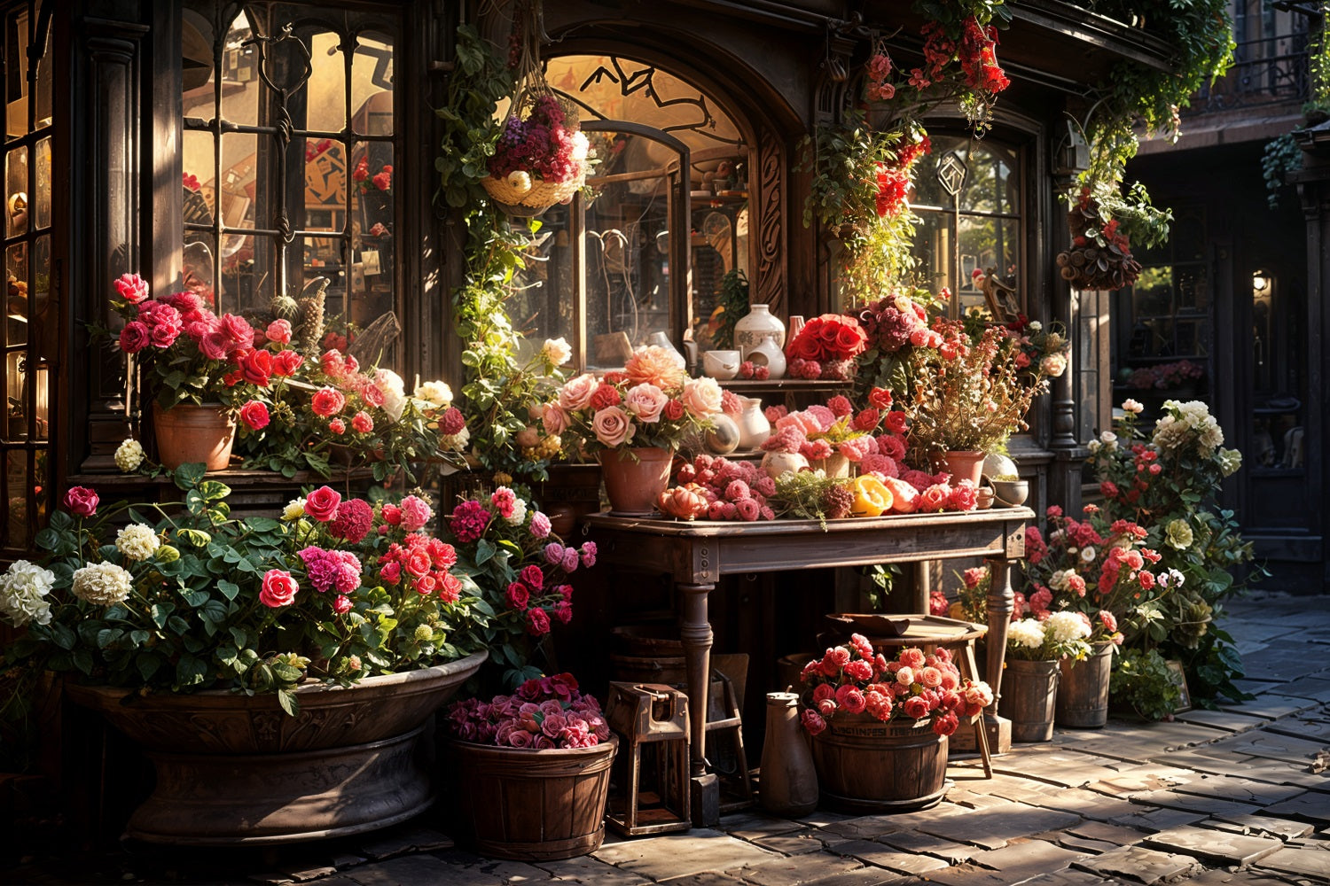 Fotografia Sfondo Di San Valentino Negozio Di Fiori Sfondo Di Fiori Traboccanti BRP11-428