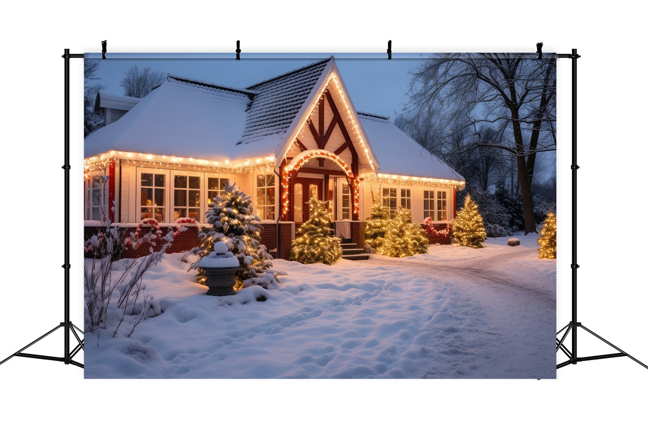 Sfondo Di Neve Invernale Cottage Con Luci Scintillanti Sullo Sfondo BRP11-43