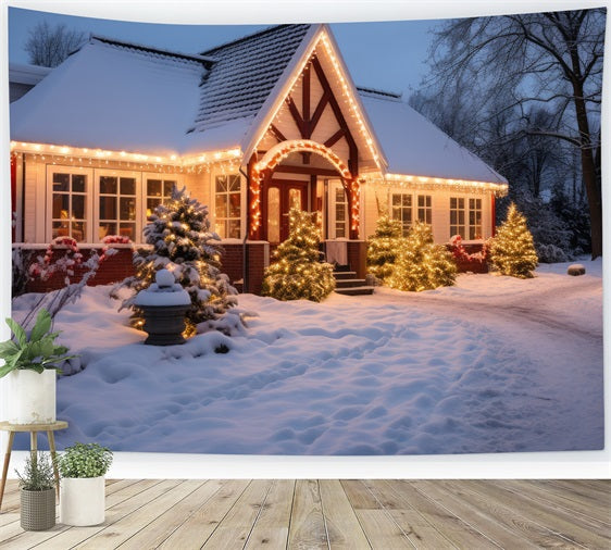 Sfondo Di Neve Invernale Cottage Con Luci Scintillanti Sullo Sfondo BRP11-43