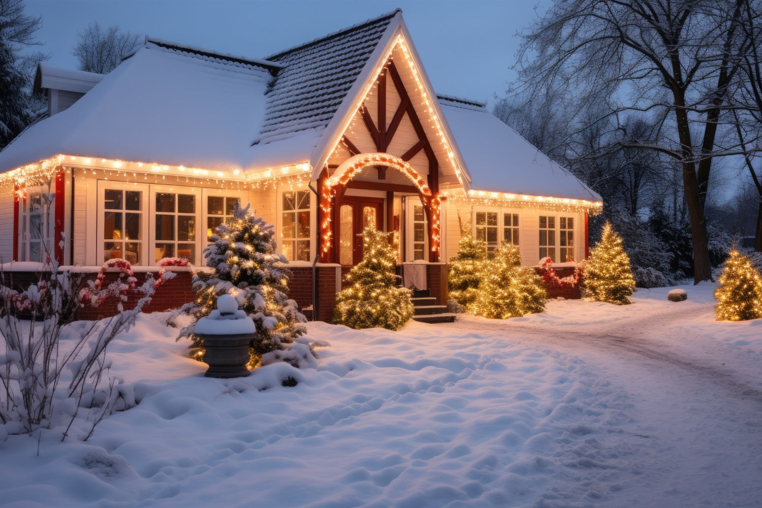 Sfondo Di Neve Invernale Cottage Con Luci Scintillanti Sullo Sfondo BRP11-43