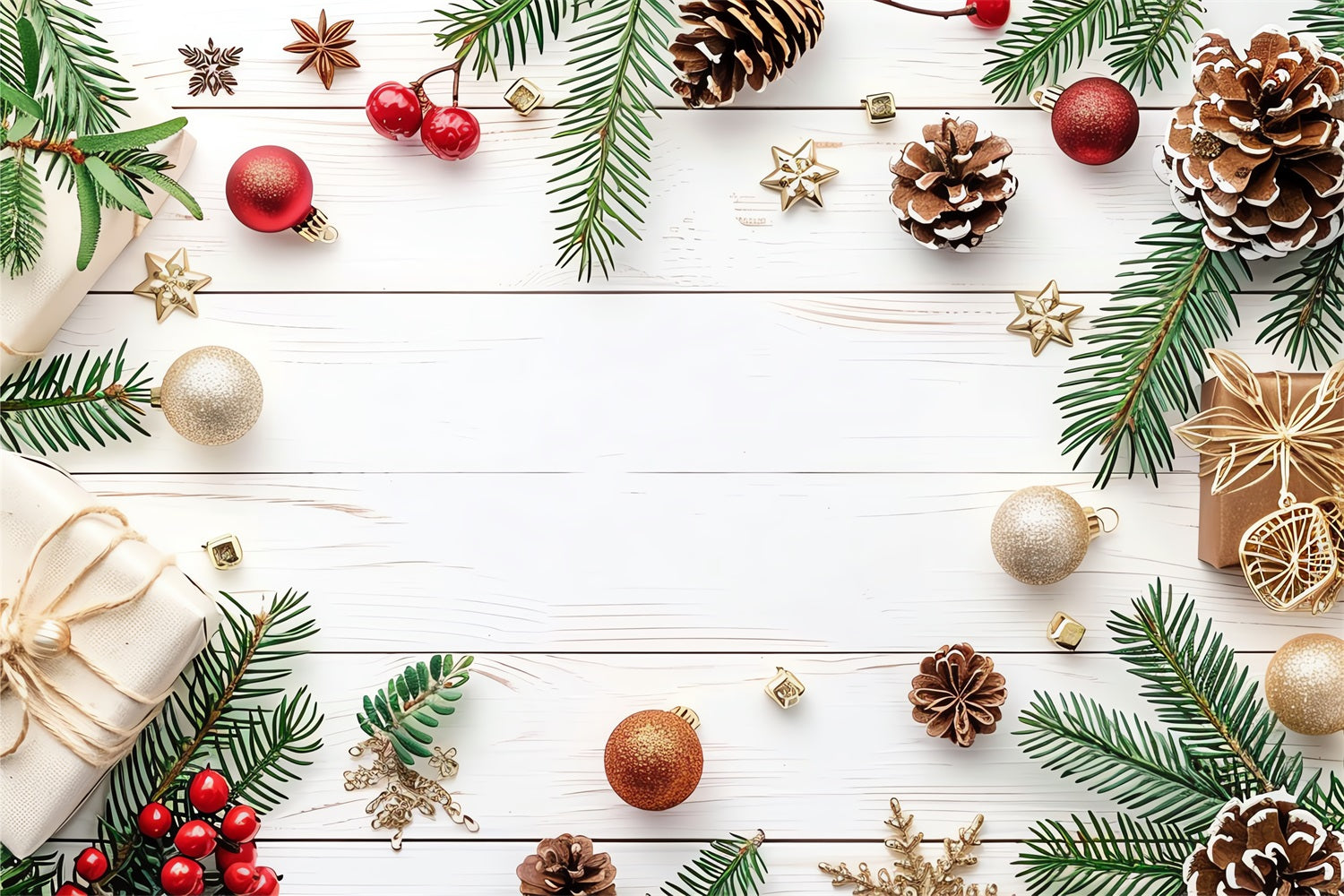 Sfondo Invernale Ornamenti In Oro Rosso Pigne Sfondo Fotografico BRP11-466