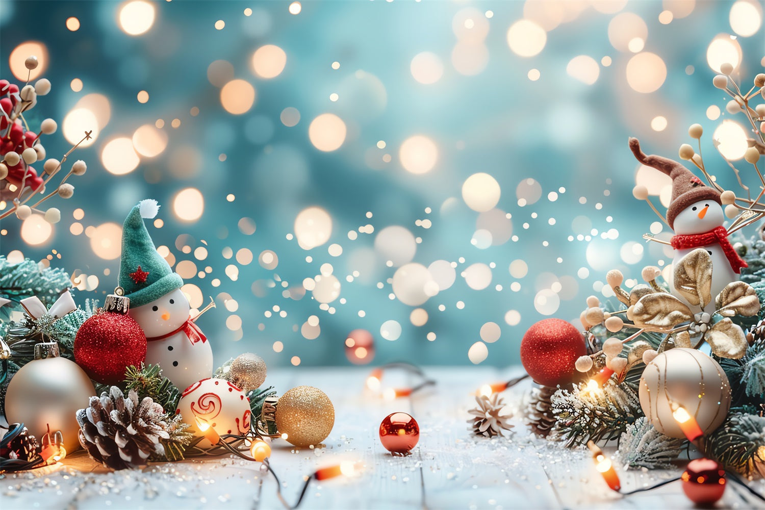 Sfondo Fotografico Invernale Pupazzo Di Neve Ornamenti Natalizi Sfondo Luminoso BRP11-474