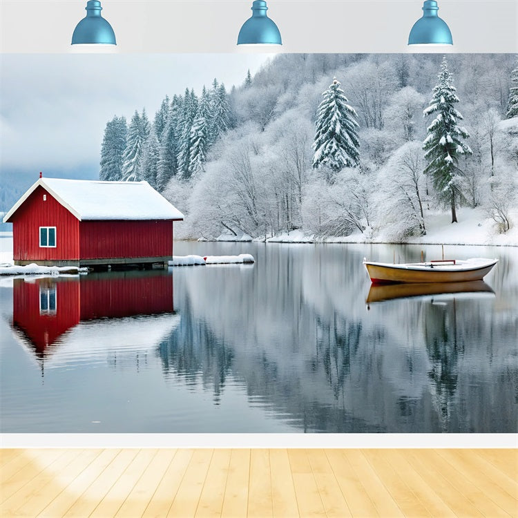 Sfondo Winter Wonderland Cabina Rossa Lago Ghiacciato Sfondo BRP11-493