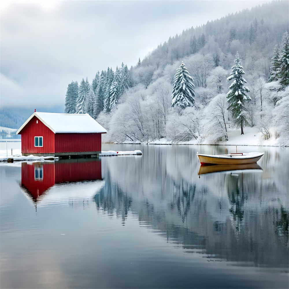 Sfondo Winter Wonderland Cabina Rossa Lago Ghiacciato Sfondo BRP11-493