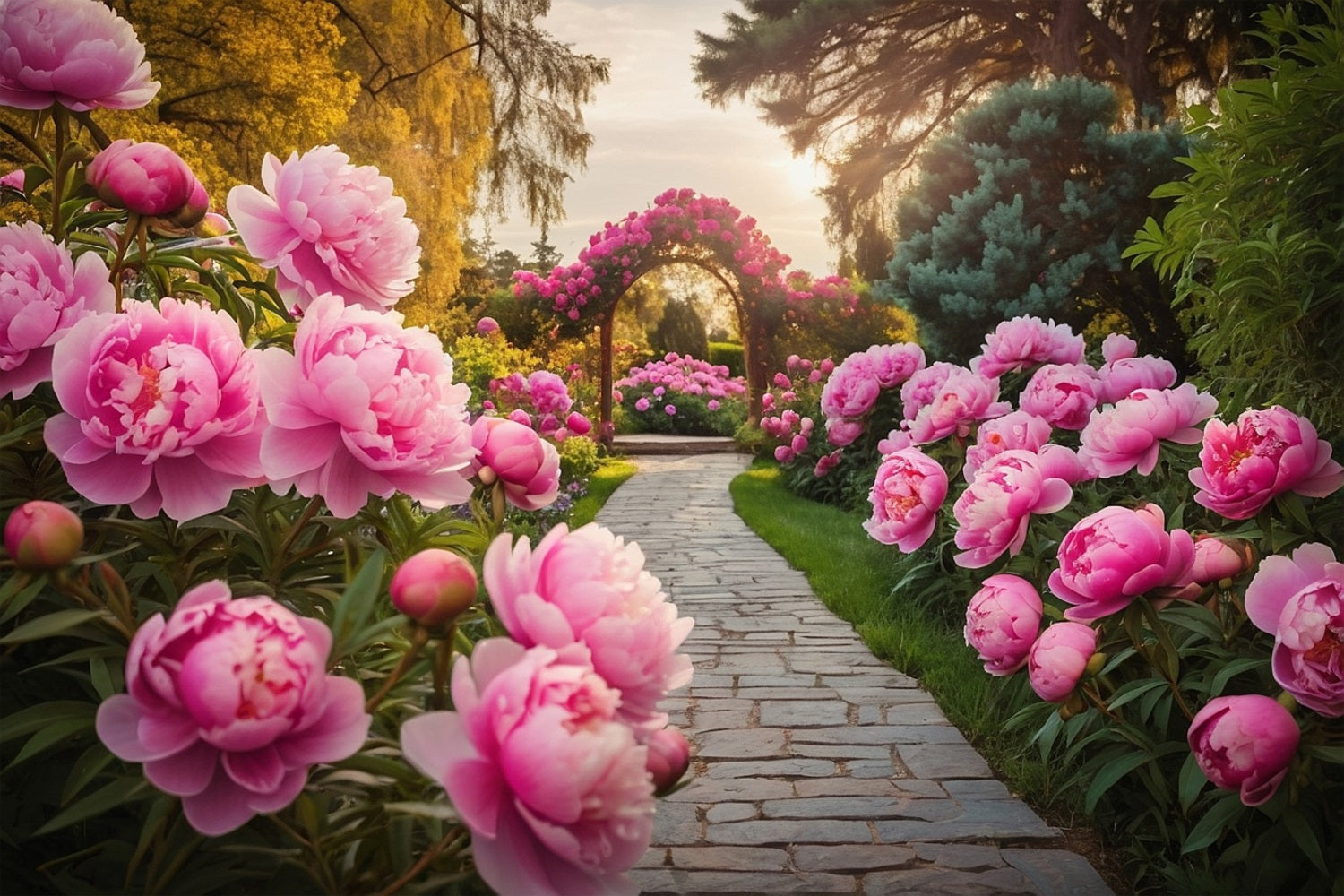 Sfondo Fotografico Primaverile Sfondo Con Percorso Ad Arco Di Peonia Rosa BRP11-517