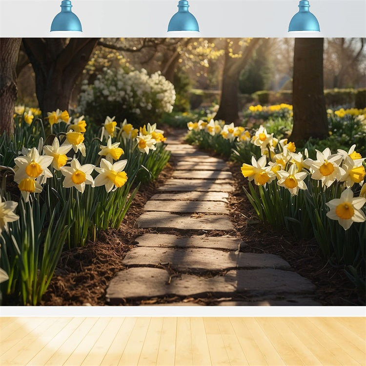 Sfondo Fotografico Primaverile Passeggiata In Giardino Sfondo Di Narcisi BRP11-524