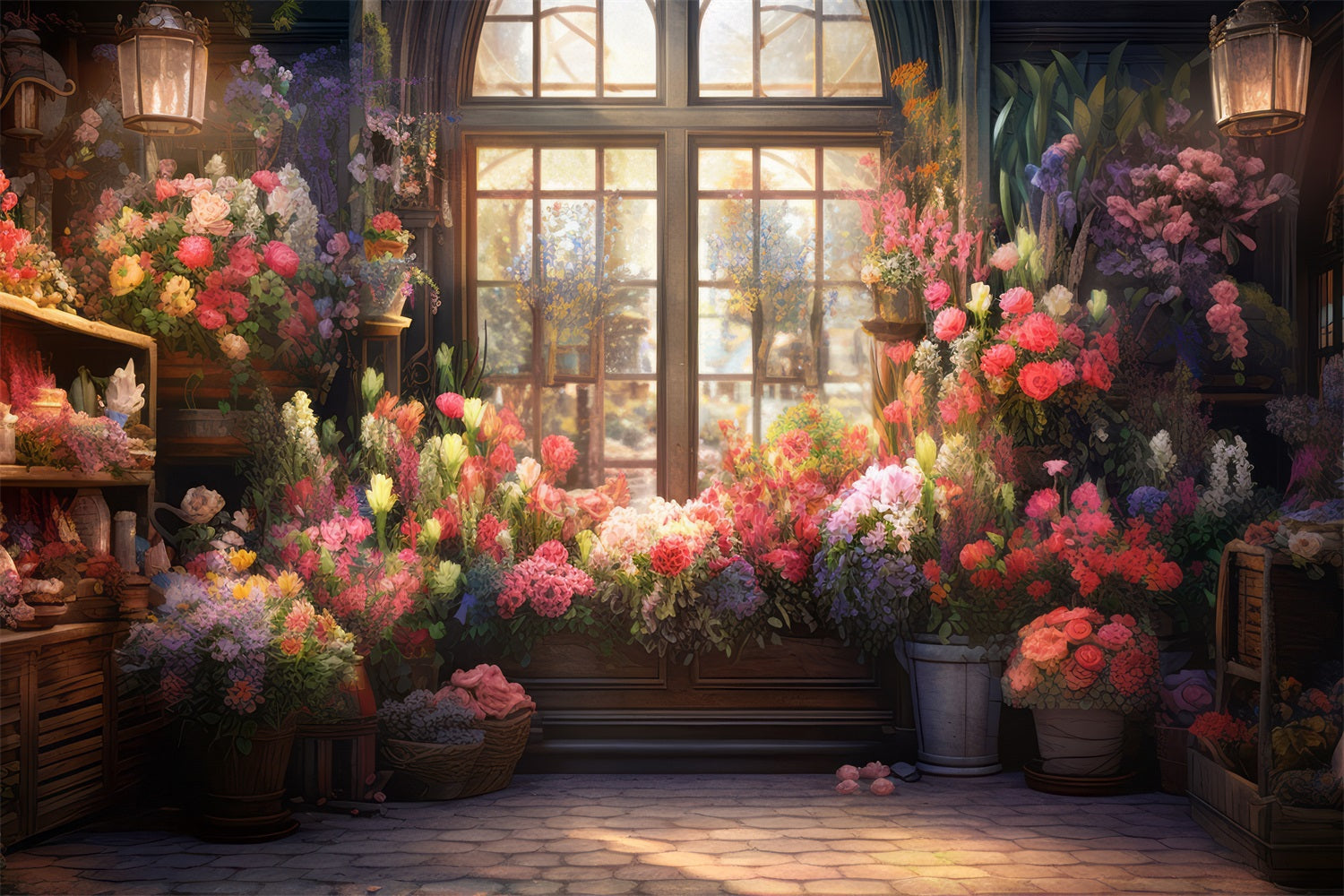 Sfondo Fotografico Finestra Di Primavera Con Vista Sullo Sfondo Di Fiori Colorati BRP11-544