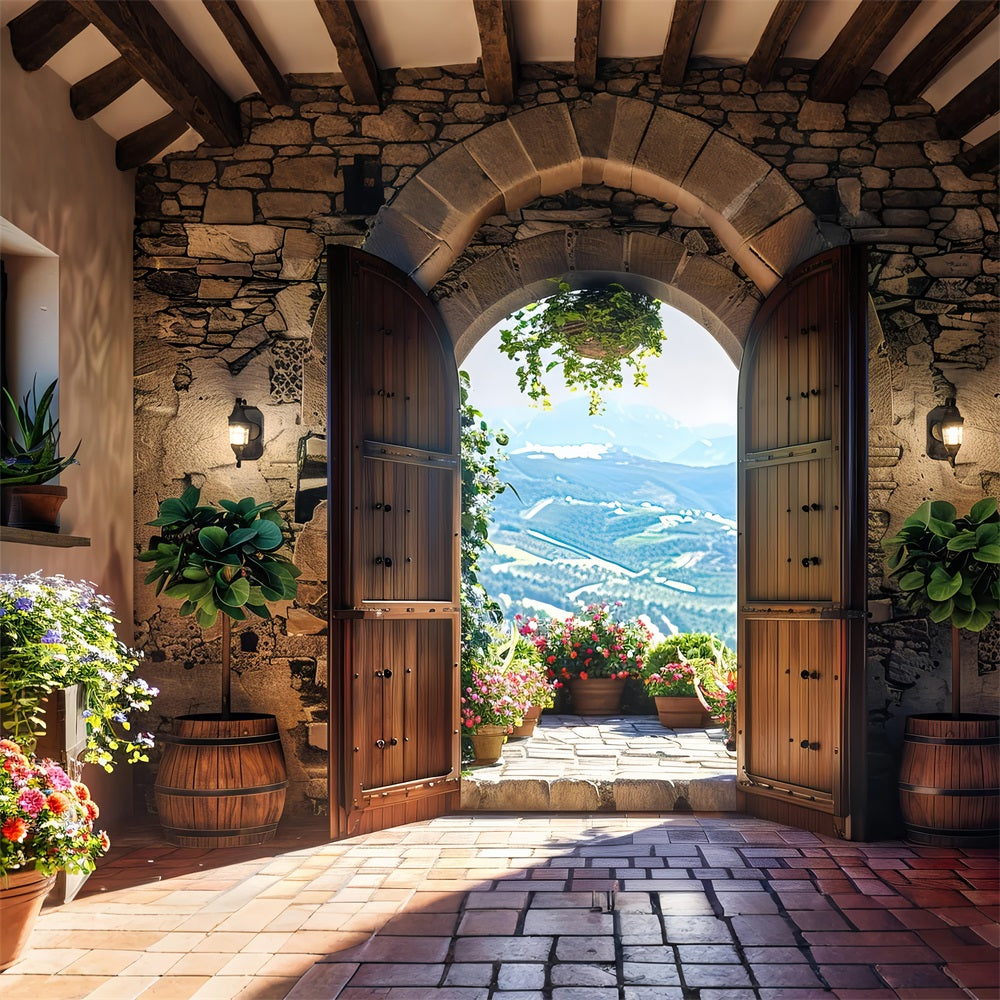 Fotografia Primavera Sfondo Floreale Terrazza Porta Di Legno Sfondo BRP11-547