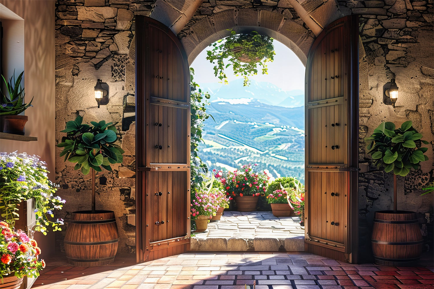 Fotografia Primavera Sfondo Floreale Terrazza Porta Di Legno Sfondo BRP11-547