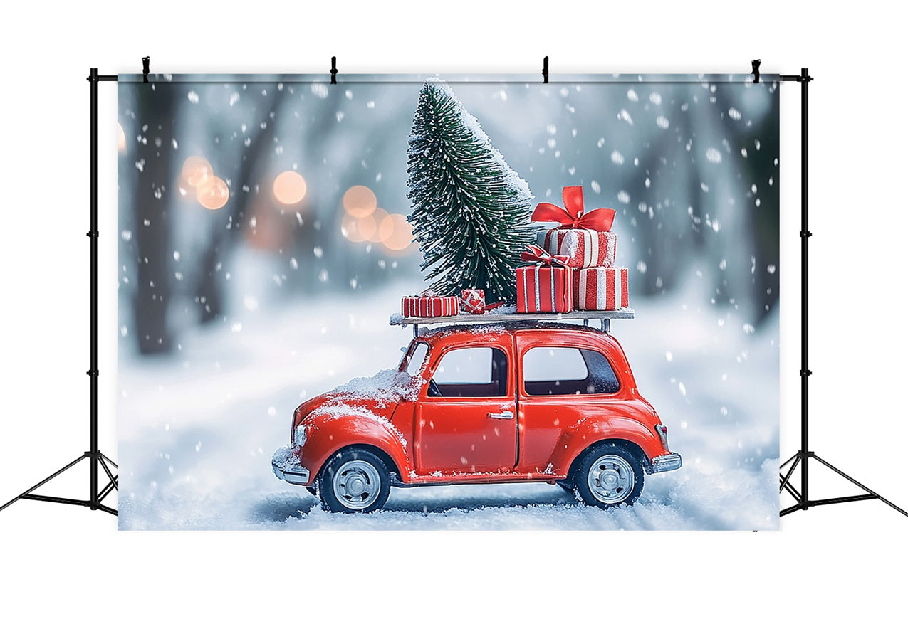 Sfondo Del Paese Delle Meraviglie Invernali Sfondo Di Auto Rossa Carica Di Regali BRP11-56
