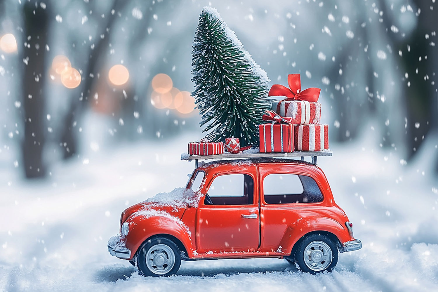 Sfondo Del Paese Delle Meraviglie Invernali Sfondo Di Auto Rossa Carica Di Regali BRP11-56