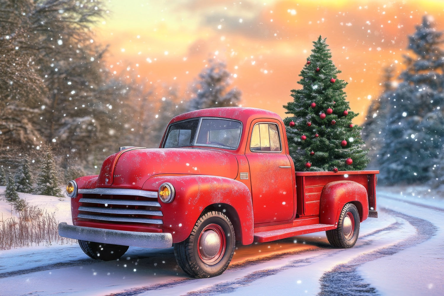 Sfondo Winter Wonderland Red Truck Sfondo Albero Di Natale BRP11-57