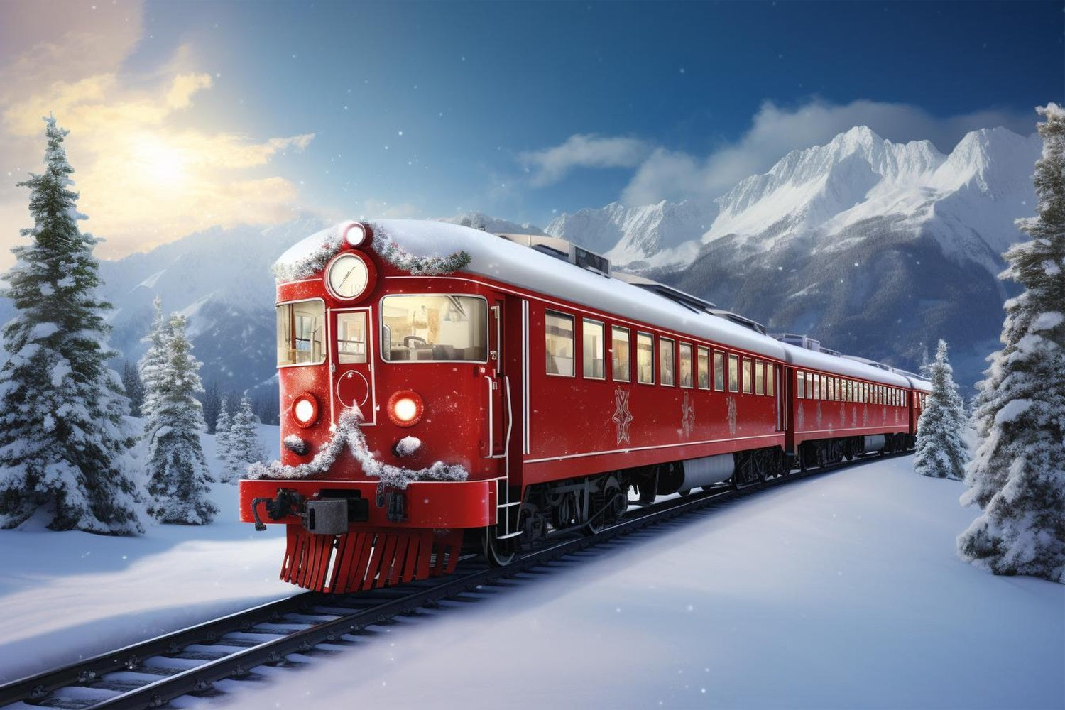 Fondali Scena Invernale Sfondo Di Montagne Innevate Del Treno Rosso BRP11-59