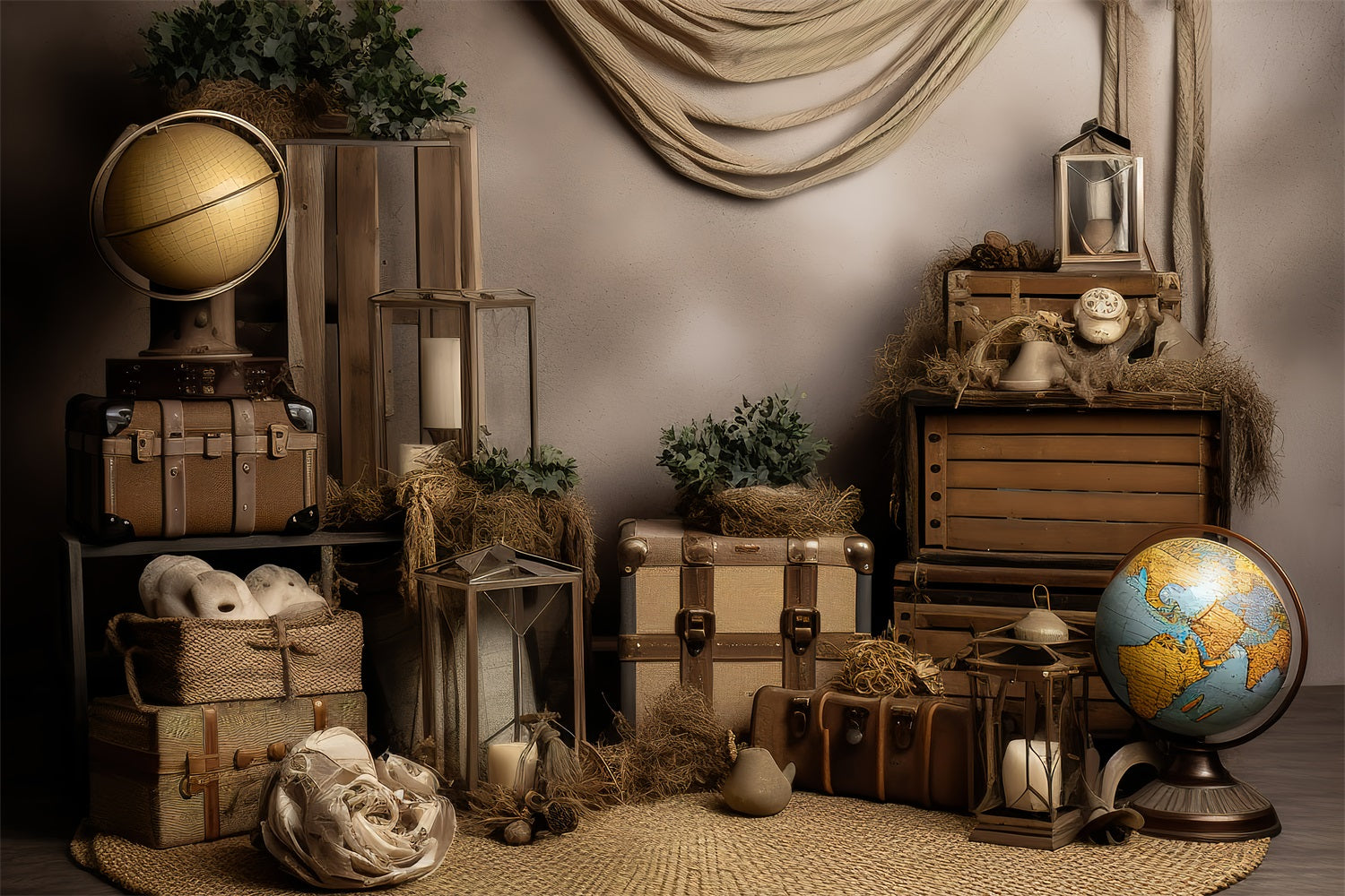 Sfondo Vintage Fotografia Bagagli Antichi Globi Del Mondo Sfondo BRP11-592