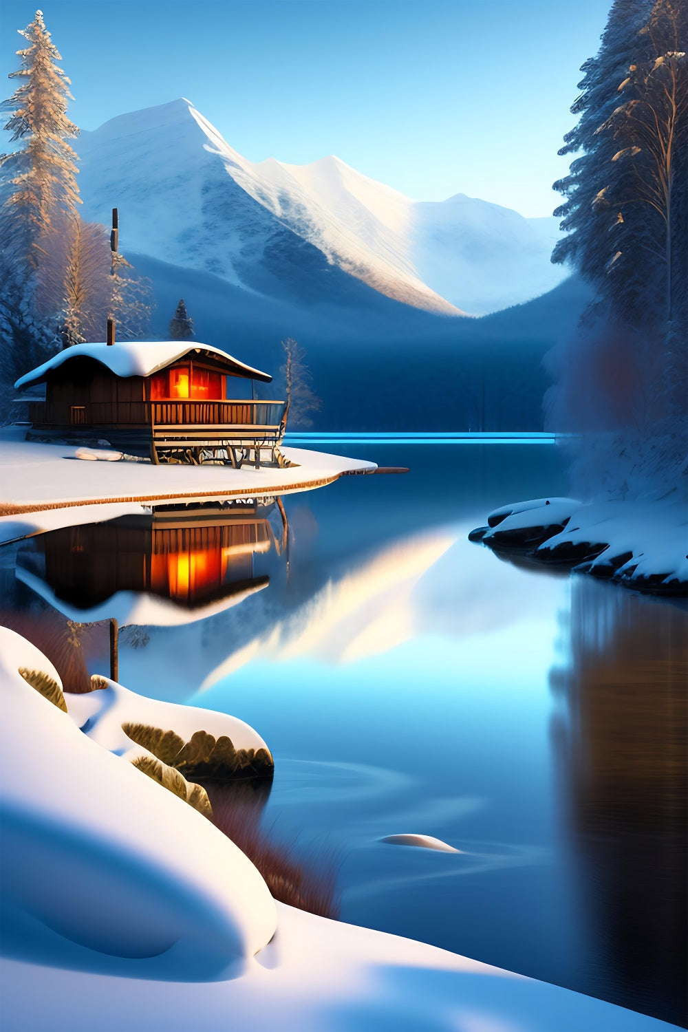 Fondali Scena Invernale Cabina Montagna Riflessioni Lago Sfondo BRP11-71