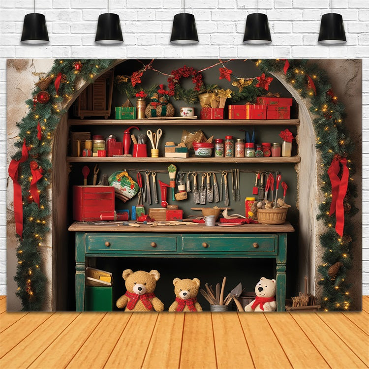 Sfondo Fotografico Natalizio Sfondo Di Allegri Mestieri Del Laboratorio Di Babbo Natale BRP11-87