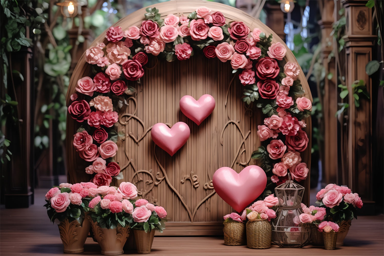 Fondali Fotografici Per San Valentino Sfondo Con Cuore Floreale Ad Arco In Legno BRP12-173