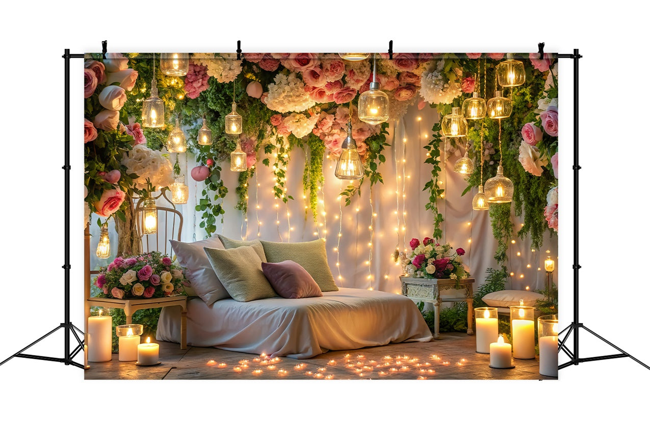 Fondali Di San Valentino Elegante Camera Da Letto A Lume Di Candela Fiori Sullo Sfondo BRP12-223