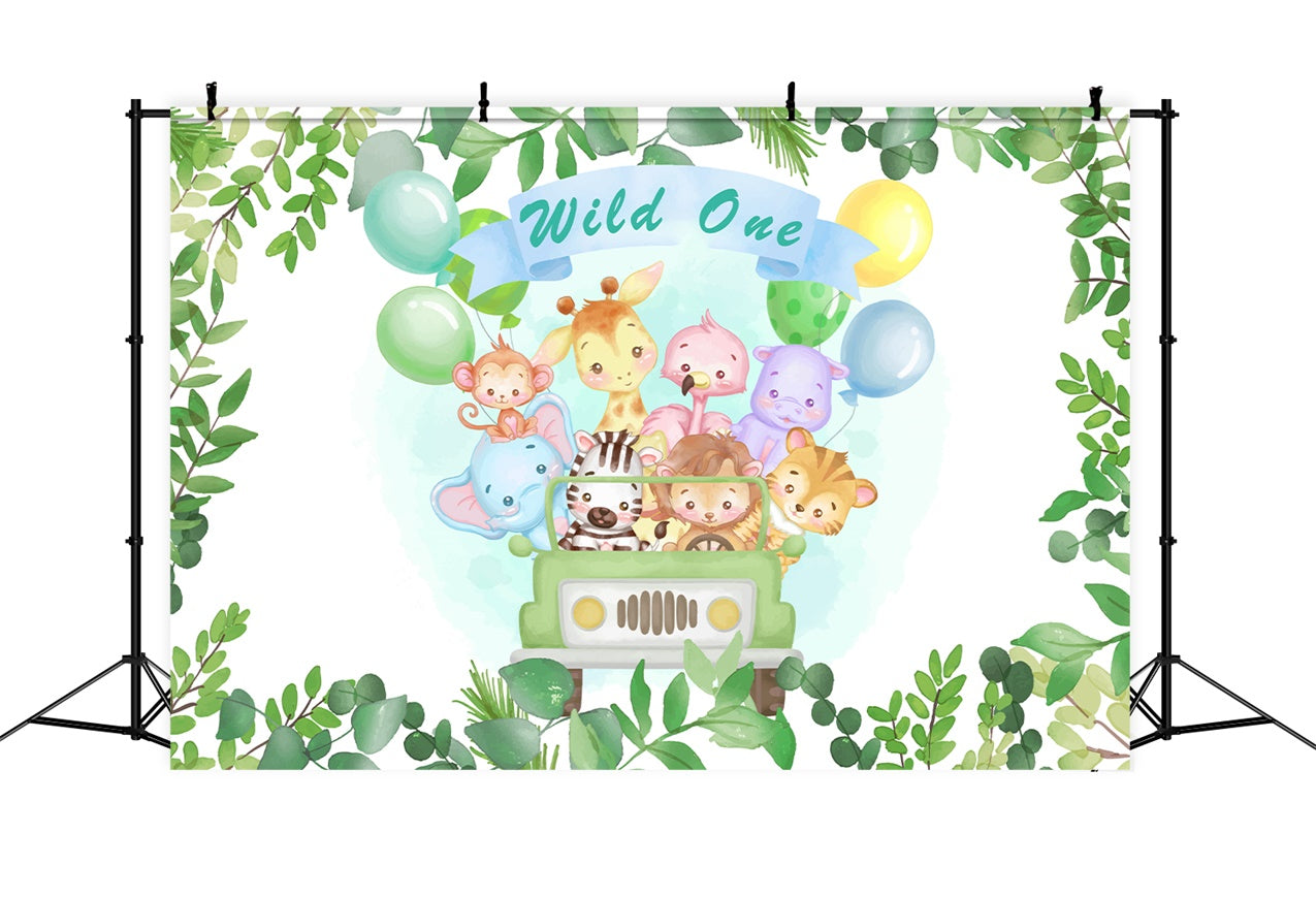 Sfondo Di Compleanno Personalizzato Sfondo Di Palloncini Wild One Safari Animals BRP12-302