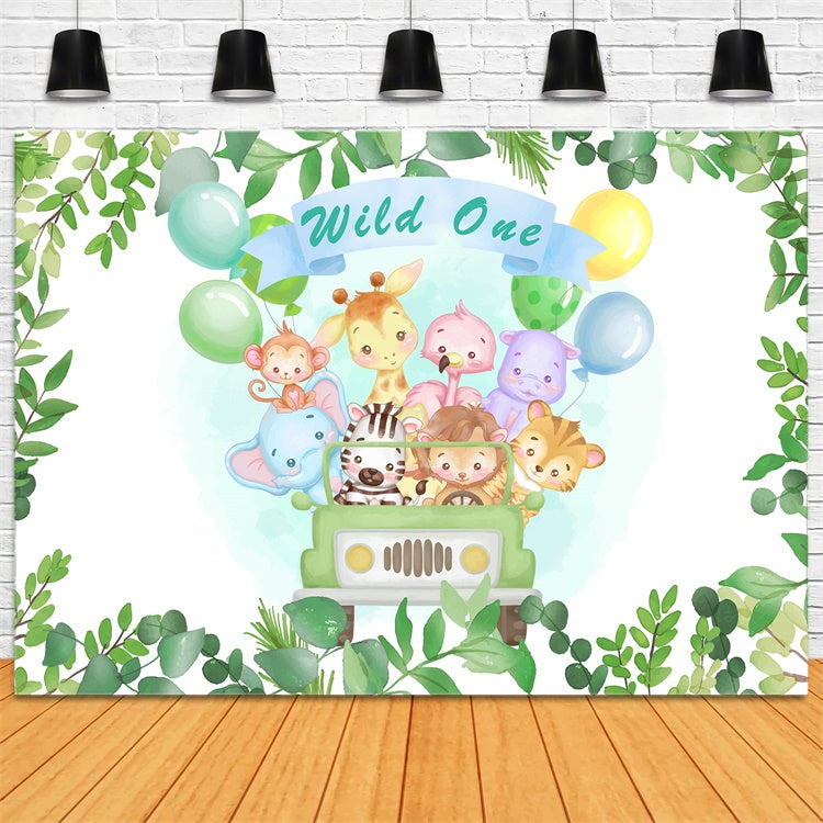 Sfondo Di Compleanno Personalizzato Sfondo Di Palloncini Wild One Safari Animals BRP12-302