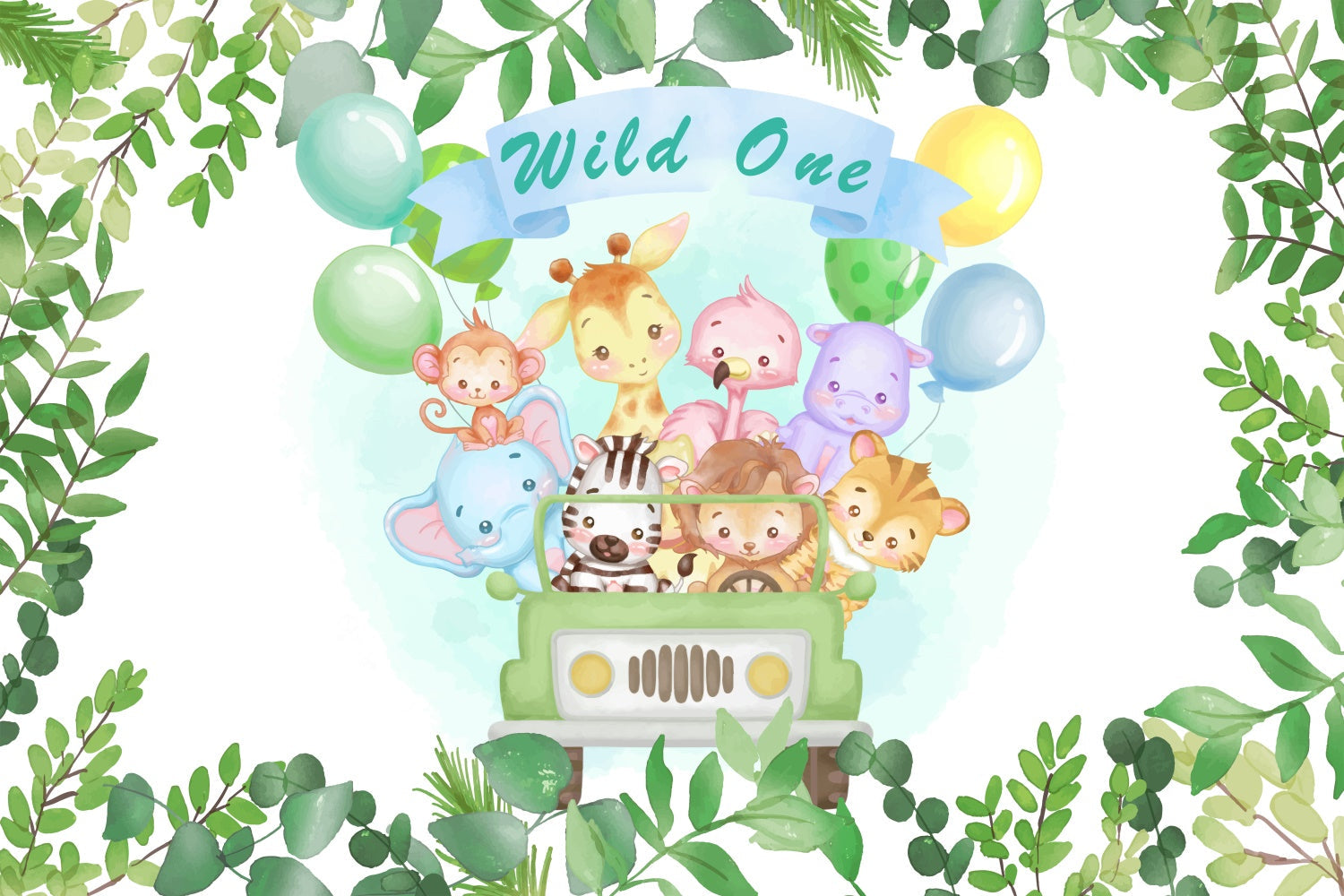 Sfondo Di Compleanno Personalizzato Sfondo Di Palloncini Wild One Safari Animals BRP12-302