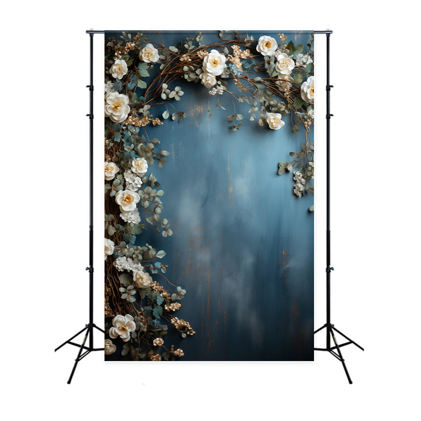Fondali Fotografici Di Maternita Sfondo Da Parete Blu Floreale Bianco BRP12-45
