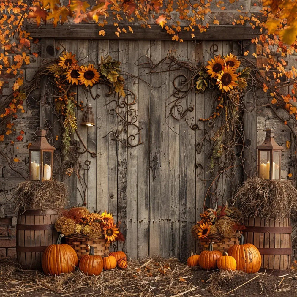 Sfondo Di Zucca Con Foglie Di Porta In Legno Autunnale BRP7-136