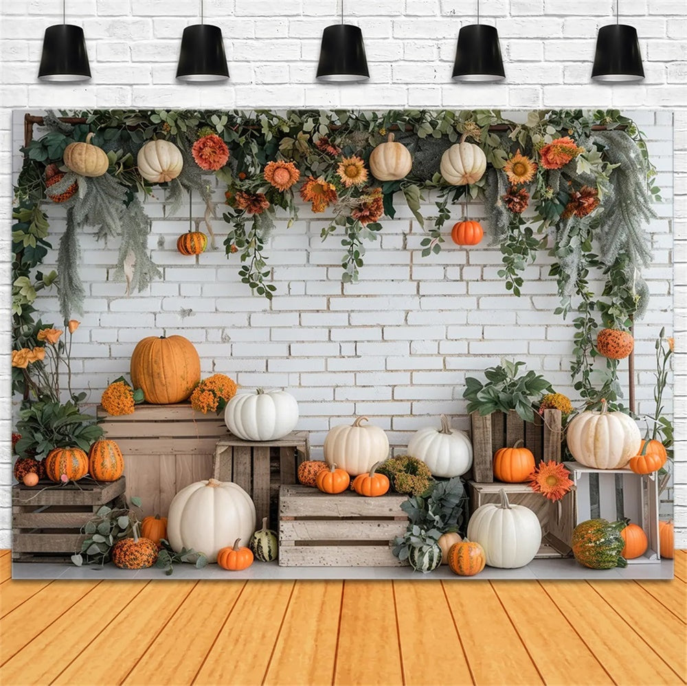 Sfondo Autunnale Con Supporto Di Zucca In Mattoni Bianchi BRP7-140