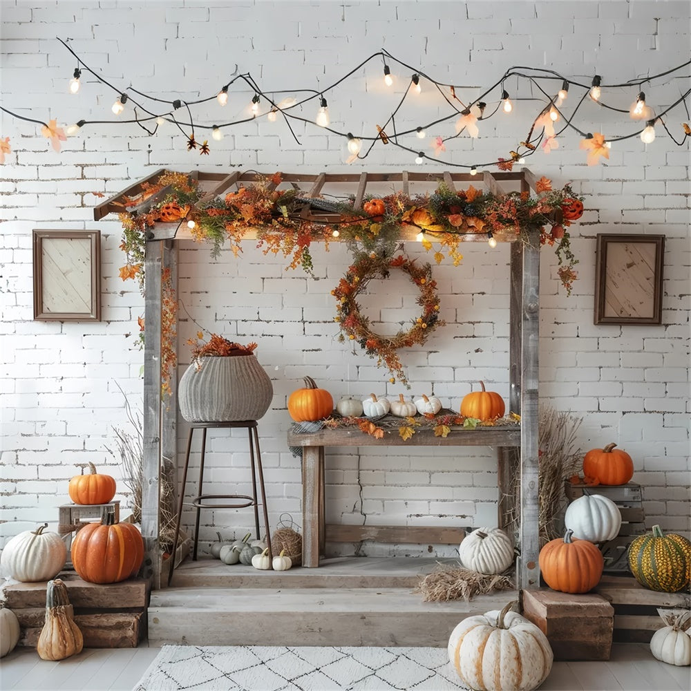Sfondo Di Zucca Con Lampada In Mattoni Bianchi Autunnali BRP7-145