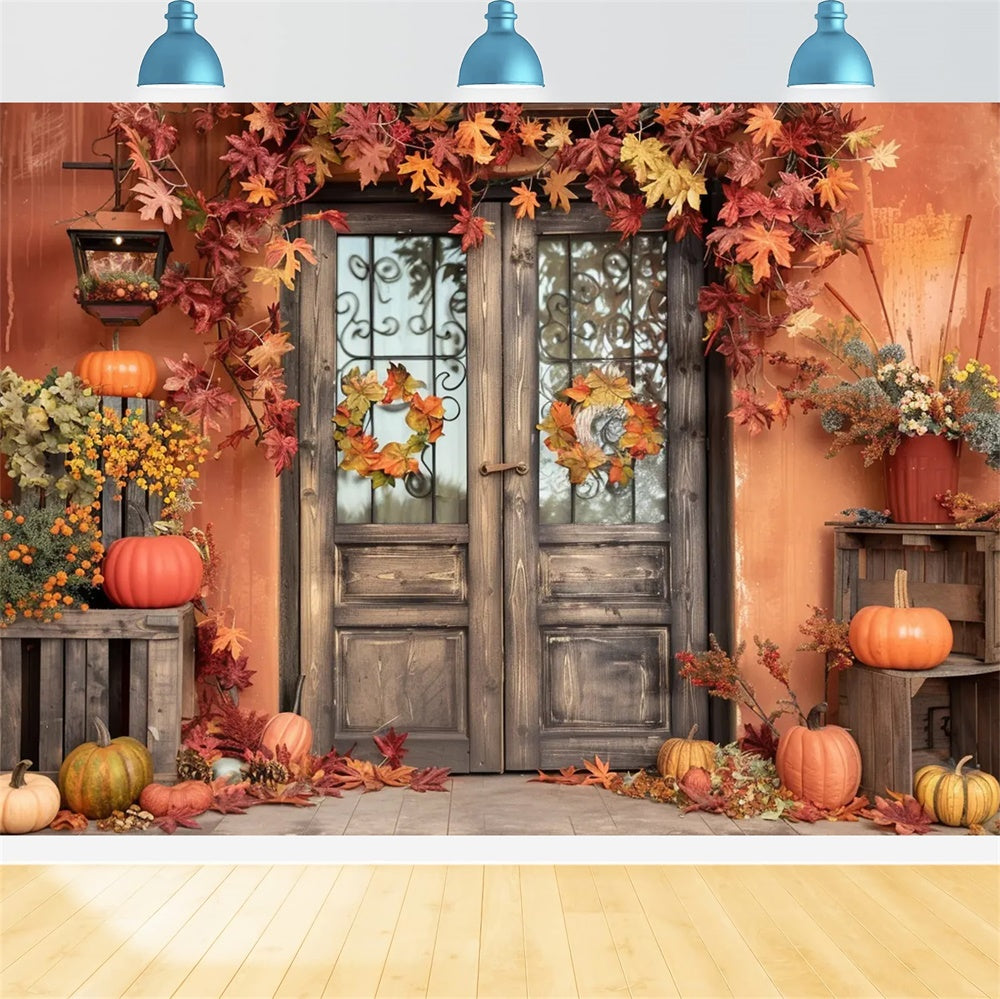 Parete Arancione Autunnale Con Foglie Di Zucca Sullo Sfondo BRP7-157