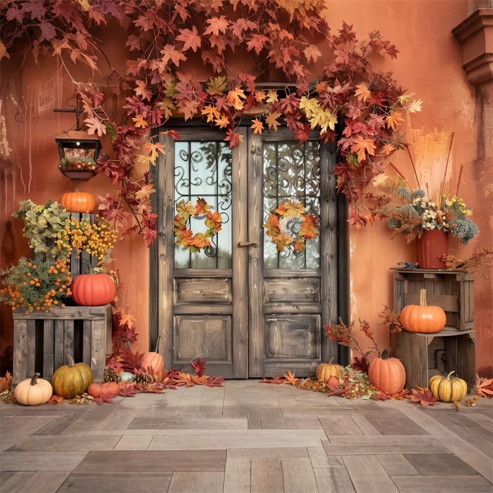 Parete Arancione Autunnale Con Foglie Di Zucca Sullo Sfondo BRP7-157