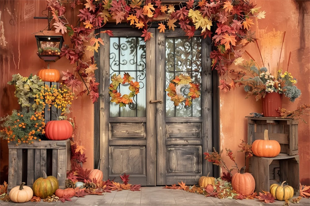 Parete Arancione Autunnale Con Foglie Di Zucca Sullo Sfondo BRP7-157