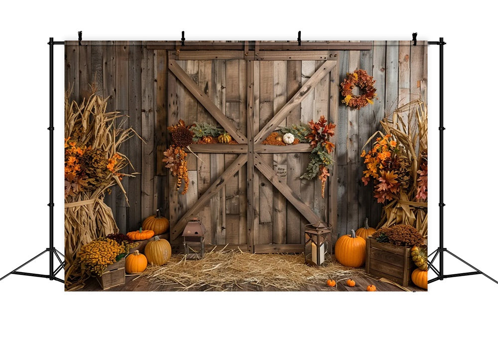 Sfondo Della Porta Del Fienile In Legno Marrone Zucca Autunnale BRP7-164