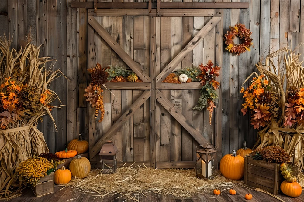Sfondo Della Porta Del Fienile In Legno Marrone Zucca Autunnale BRP7-164