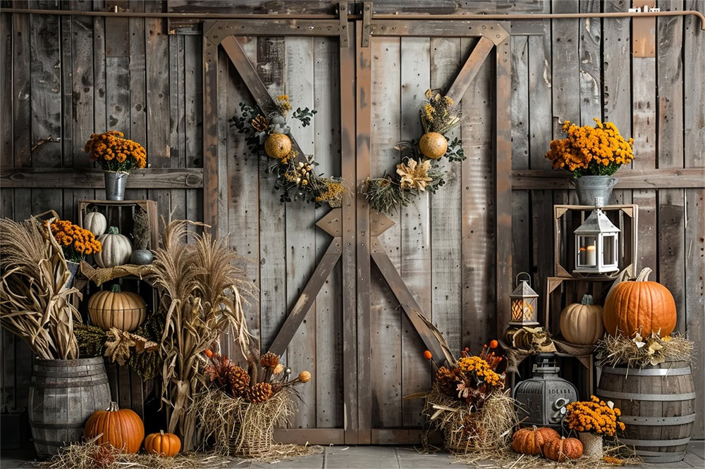 Sfondo Autunno Porta In Legno Marrone Paglia Zucca BRP7-165