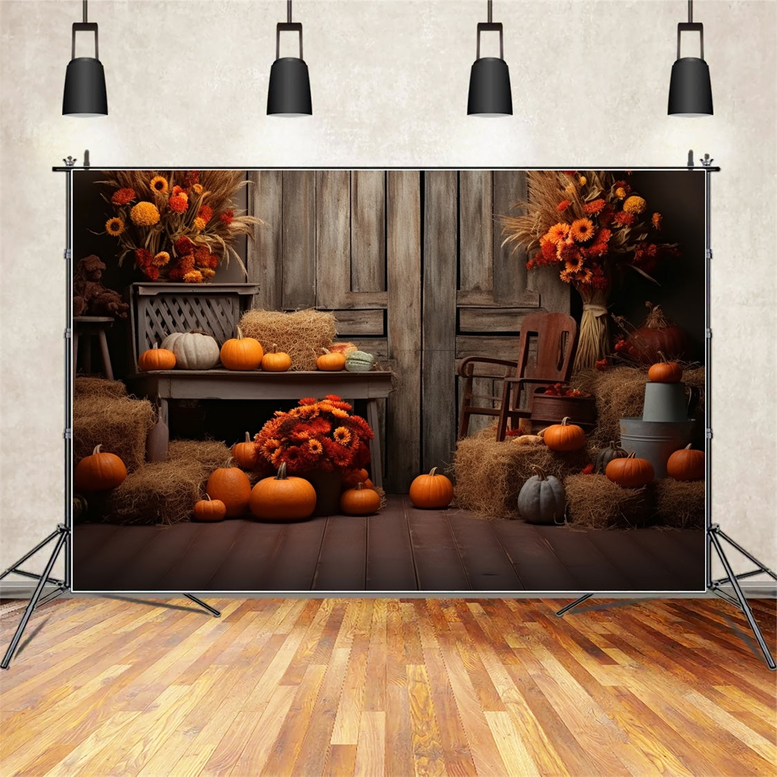 Fienile Di Zucca Autunnale Con Sfondo Di Porta In Legno BRP7-78