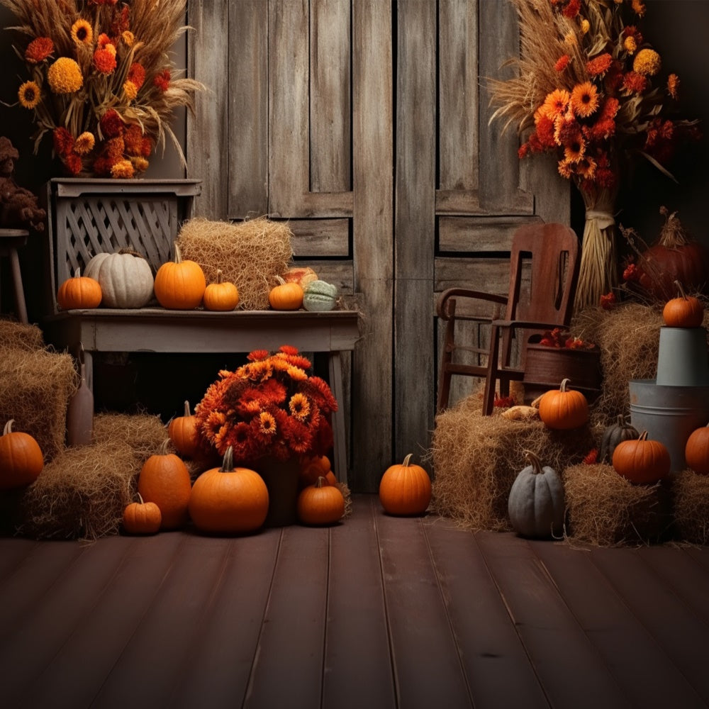 Fienile Di Zucca Autunnale Con Sfondo Di Porta In Legno BRP7-78