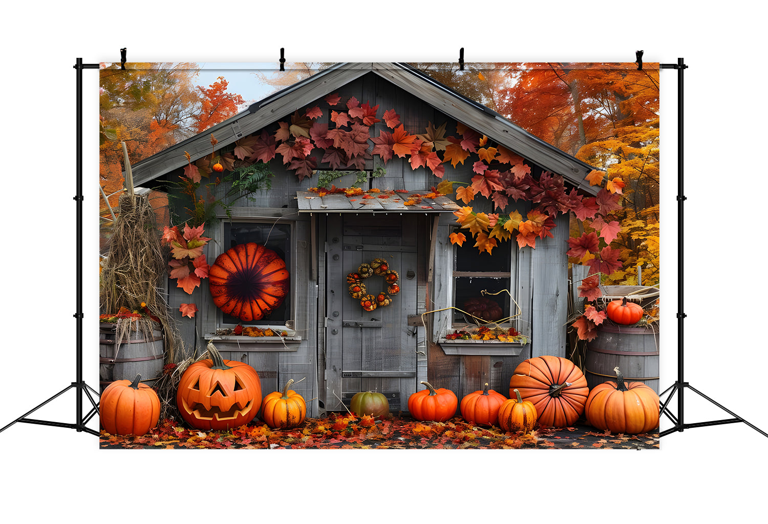 Sfondo Di Zucche Di Casa In Legno Della Foresta Autunnale BRP7-88
