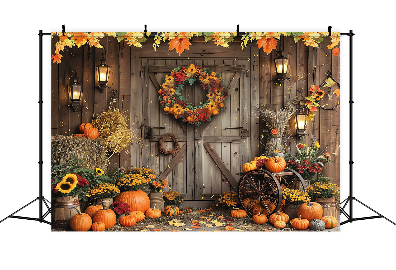 Sfondo Di Zucca Con Ghirlanda Autunnale Sulla Porta Del Fienile BRP7-97